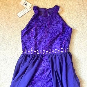 Dark purple girls lace rhinestone romper maxi dress with shirts.